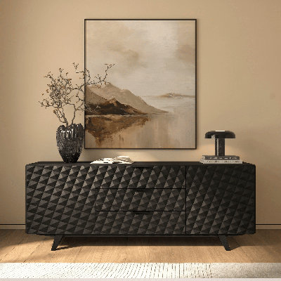 71" Solid Wood Sideboard with 3D Carved Geometric Doors, 2 Doors, 3 Drawers, Adjustable Shelves, Mid-Century Modern Design, Easy Assembly, Burnt Black