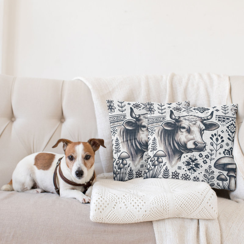 Dark Blue and White Southwestern Cow Print Microfiber Throw Pillow Covers, Set of 2