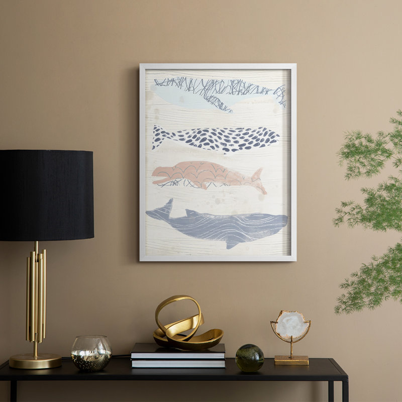 Patterned Whale Pod I Framed Print - Solid Wood, 15" H x 12" W, White