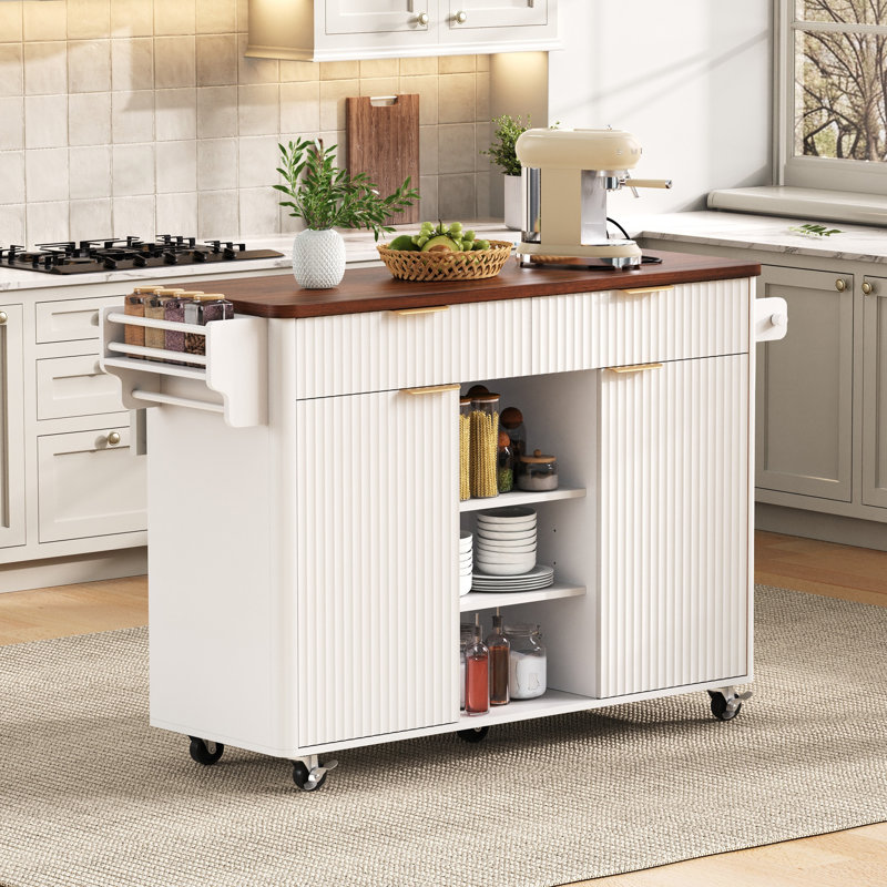 52" White Kitchen Island With Walnut Color Top - Fluted Design, Drop Leaf, Rolling, Power Outlet, Adjustable Shelves, 2 Doors & 2 Drawers - Kitchen Furniture