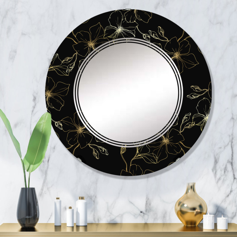 Fleurs de lin sur fond noir - miroir mural à motif, 32 po x 32 po