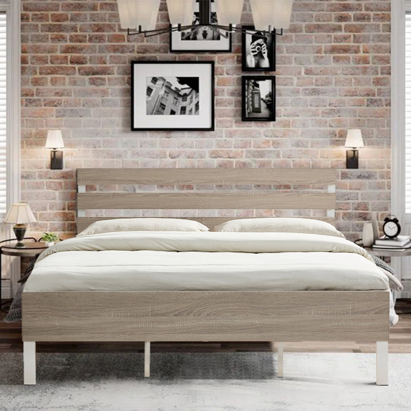 Structure de lit plateforme en métal avec tête et pied de lit en bois rustique épais de 3 cm, design industriel, aucun sommier tapissier requis, assemblage facile