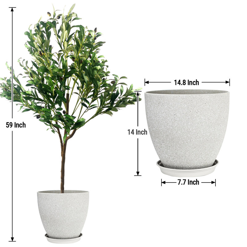 Pots à plantes ronds en olivier artificiel type C avec plateau, H 59,06 po x l 19,69 po x P 19,69 po, Gris clair