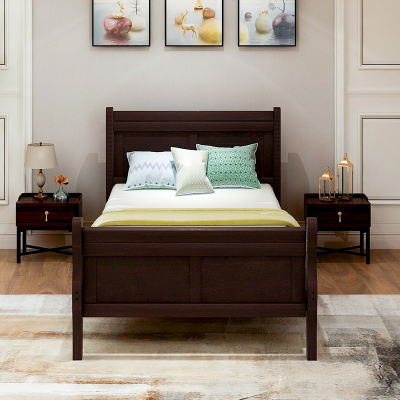 Wood Platform Bed Twin Bed Frame Mattress Foundation Sleigh Bed With Headboard/Footboard/Wood Slat Support, Espresso