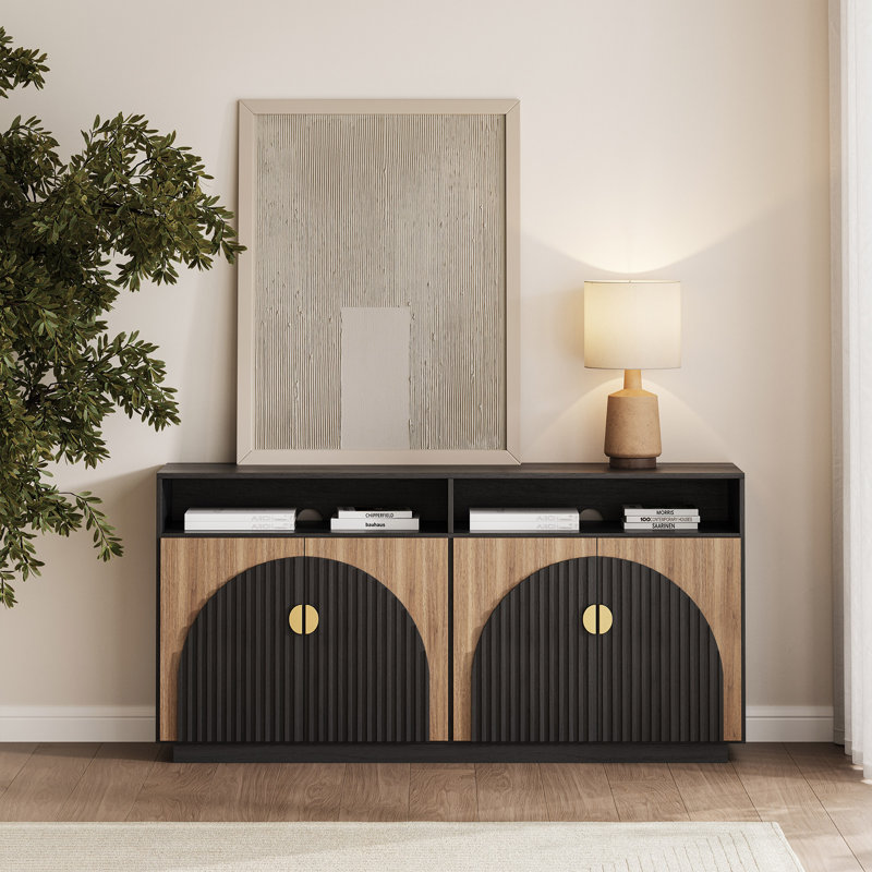 65 Inch Fluted TV Stand, Mid Century Modern Entertainment Center with Storage Cabinets & Open Shelves, Media Console TV Cabinet