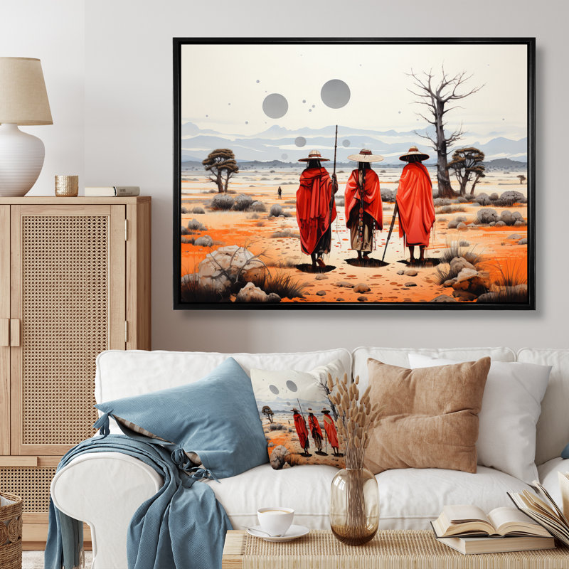 " Western Desert Nomads Pointillism Art ", 16" H x 32" W, Black Picture Framed