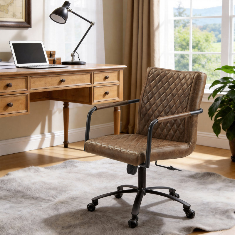 Blair Industrial Genuine Leather Swivel Tufted Executive Office Task Chair With 5-Star Base And Casters, Brown