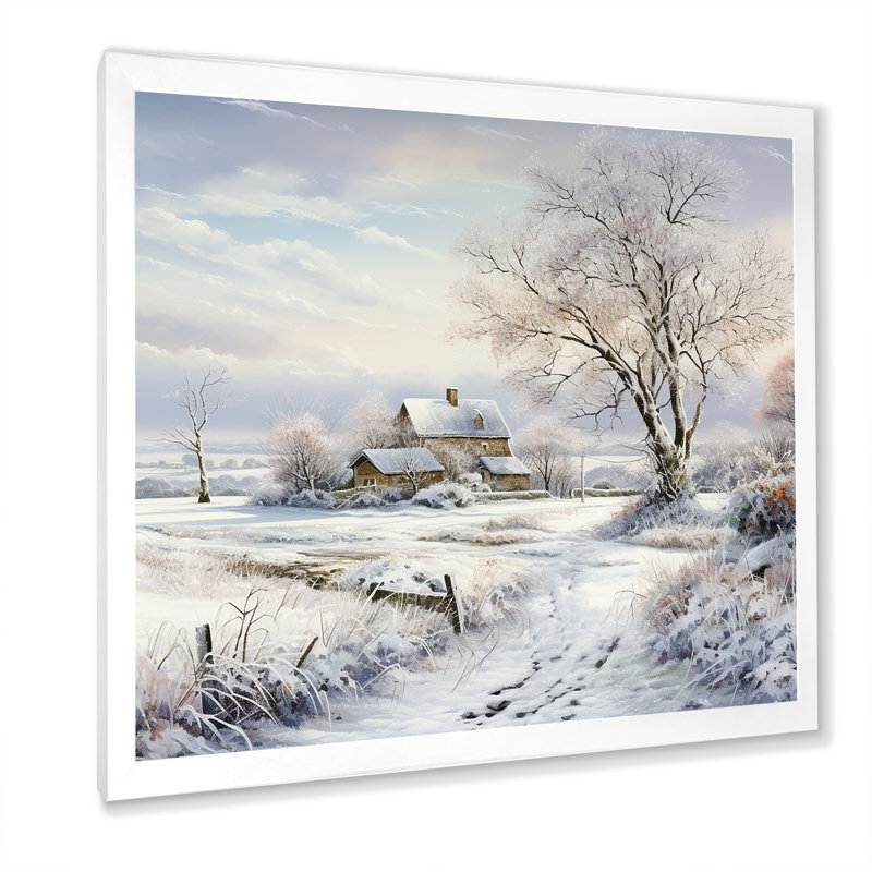 «Farmhouse Snow Winter Scenery» - art mural neige, Cadre simple blanc, H 24 po x l 24 po x P 1 po