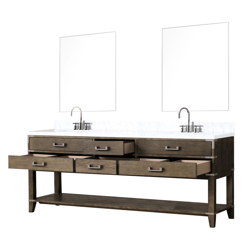 Double 36 po Miroir de salle de bain en chêne gris avec miroir et plateau poli à la main avec miroir