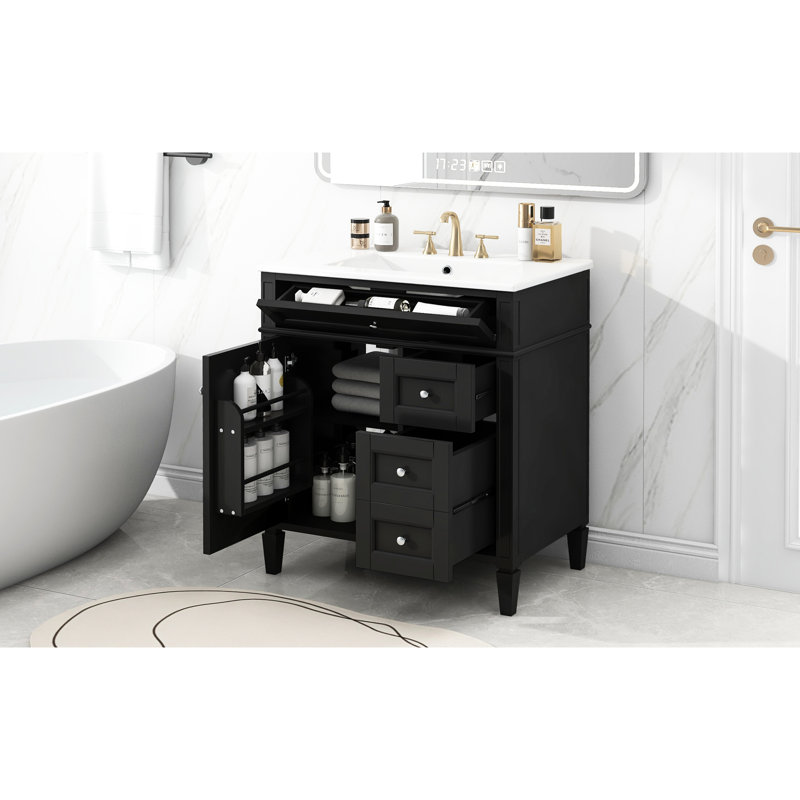 Meuble-lavabo moderne de 30 po avec lavabo, 2 tiroirs, 1 tiroir coulissant, poignées texturées et tablettes réglables pour un rangement fonctionnel à 3 portes d'armoire, un grand espace de rangement romain