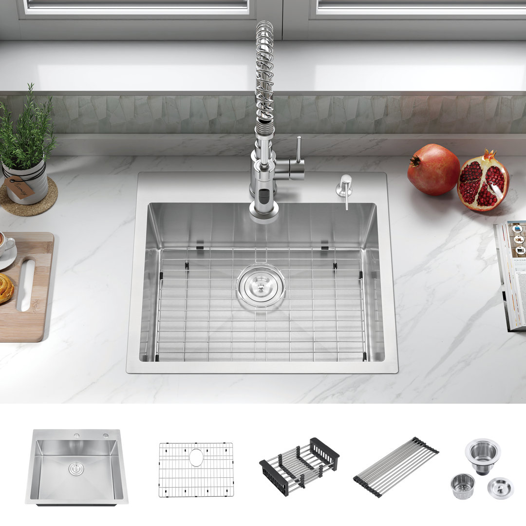 ATTOP 25 Inch Scratch-Resistant Single Bowl Drop in Stainless Steel Kitchen Sink with Bottom Grid ATTOP