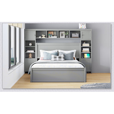 Grand lit en bois avec armoire, tablette et prises tout-en-un