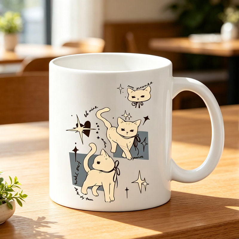 Cute Hand-Drawn Kitten Mug with Bow Tie Ceramic Coffee & Tea Cup Suitable for Cat Lovers.