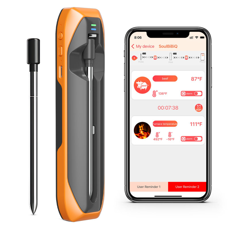 Our M2 Digital Wireless Meat Thermometer Bluetooth Instant Read 500 ft, Orange/Gray