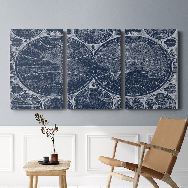 World Globes Blueprint - Toile tendue avec châssis de qualité supérieure - Prêt à être accroché, H 36 po x l 72 po x P 1 po