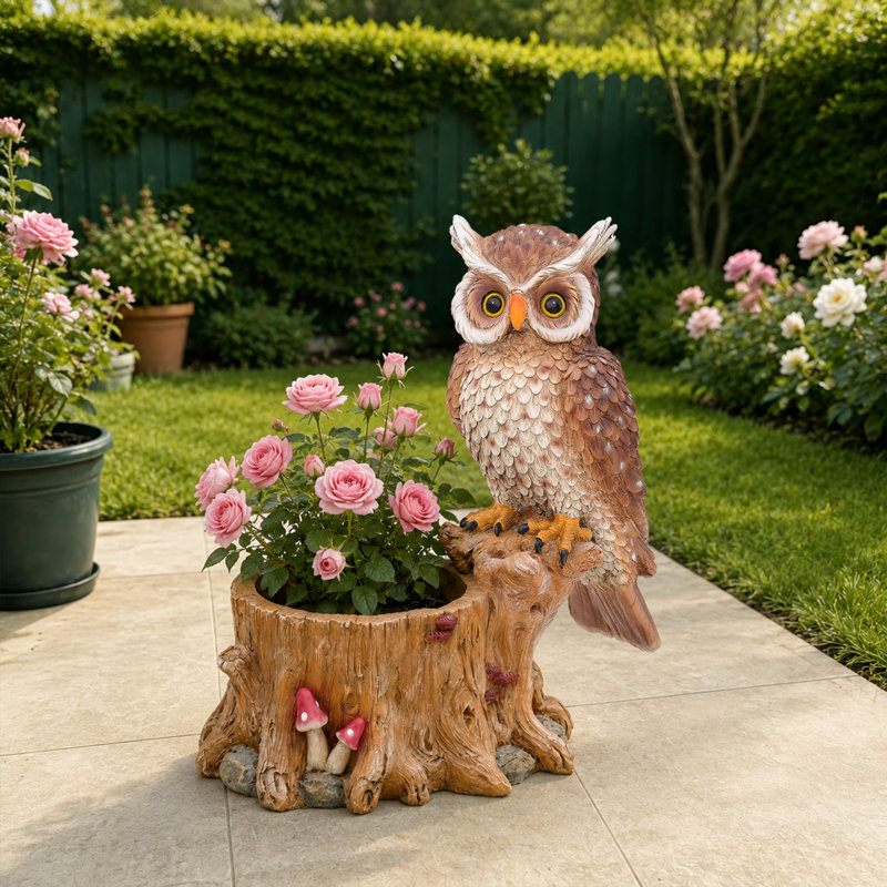 Jardinières hibou, décor rustique d'aspect bois de résine durable pour cour de véranda