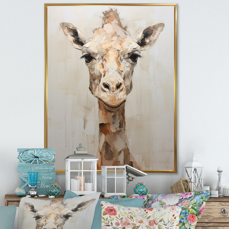 Minimalisme, girafe beige sur toile, Cadre flottant doré, H 40 po x l 30 po x P 1,5 po