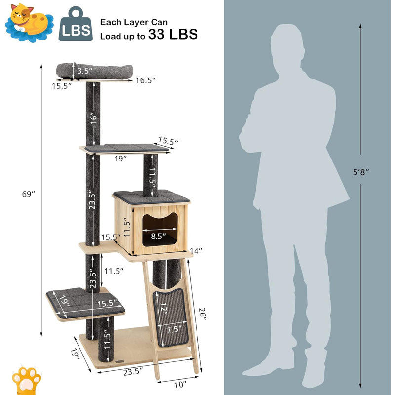 69" Tall Modern Wooden Cat Tree Tower with Sisal Posts