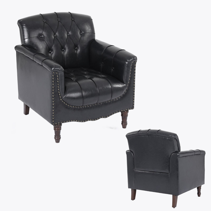 80 Cm Wide Tufted Armchair, Blue Black Faux Leather