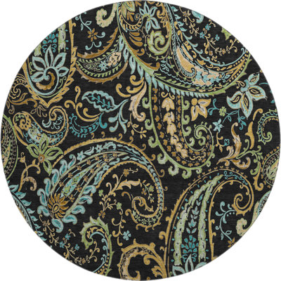 8' Black Blue And Green Paisley Washable Round Rug With UV Protection