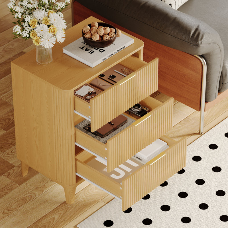 27.56" Fluted 3 Drawers Dresser For Bedroom With Dresser Organizer, Wood Tall Chest Of Drawers & Nightstand, Natural