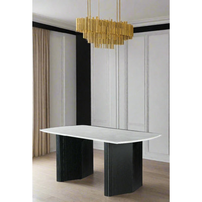Alexine Crowl Rectangular Dining Table for 6 with Marble-Printed Glass Top and Sculptural Wood Base – Modern Statement Dining Table
