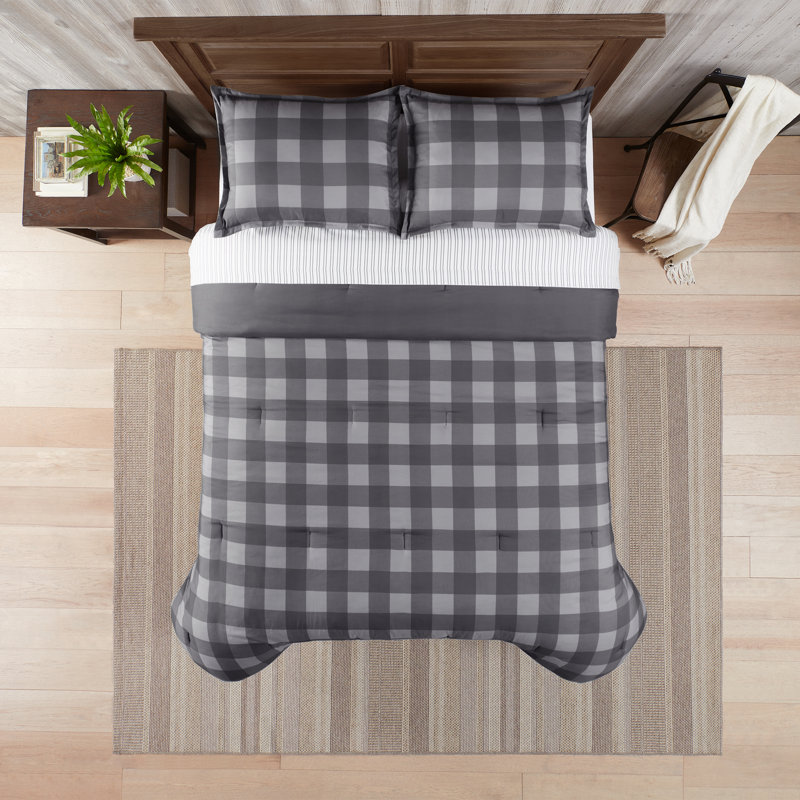 Serta Simply Clean Alex Buffalo Check Plaid Antimicrobial 7-Piece Complete Bedding Set With Sheets, Charcoal, Queen Comforter