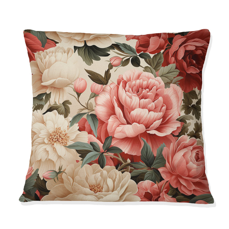 Coussin décoratif à motif floral rétro rose II, H 18 po x l 18 po