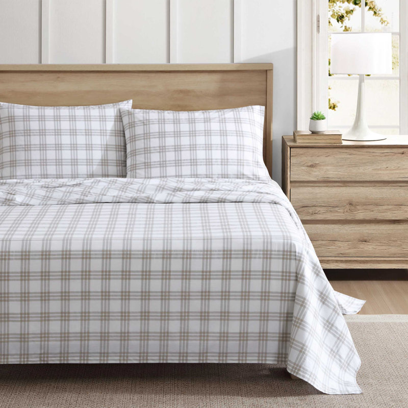 Shasta Lake Cotton Percale Standard Sheet Set, Queen Sheet Set with 2 Pillowcases, Basic Plaid Beige