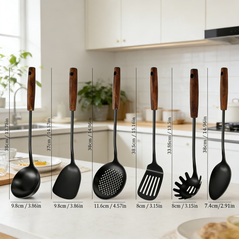 Ensemble d'ustensiles de cuisine 6 pièces en acier inoxydable avec poignée en bois, ustensiles de cuisine de qualité professionnelle 304, résistant à la chaleur, lavable au lave-vaisselle pour un nettoyage facile