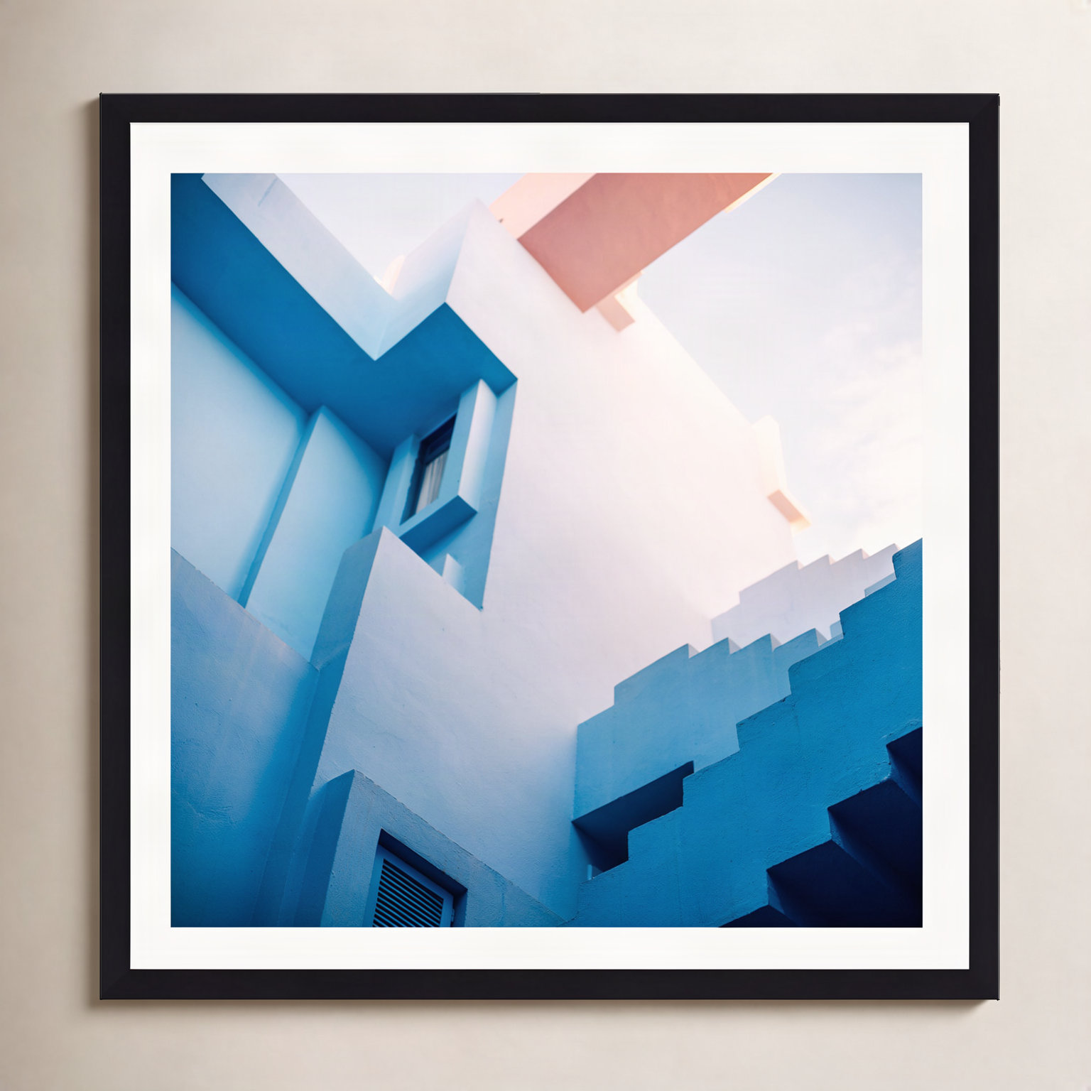 Muralla Roja Blue And Pink Geo by Raisazwart, 12" H x 12" W x 0.75" D, Black Single Picture Framed, Yes