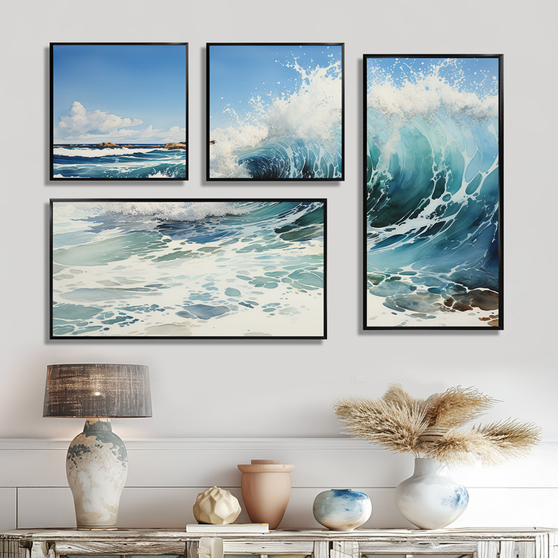 Beach Surfs Up Pointillism I - Reproduction d'art côtier sur toile 4 panneaux, Impression encadrée sans passe-partout, Noir