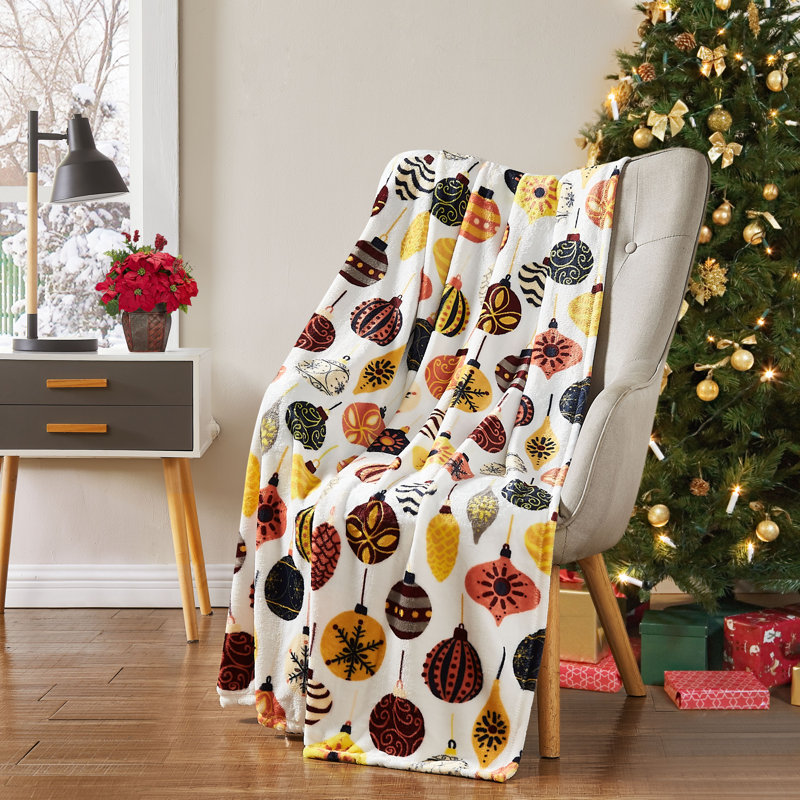Jeté de Noël en peluche, 50" W x 70" L, Baubles