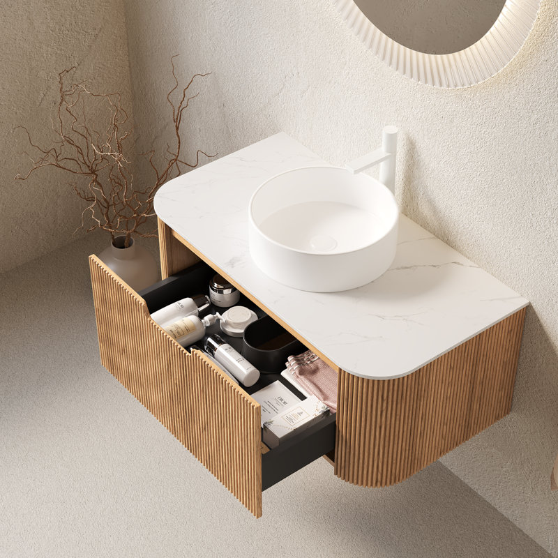 Meuble-lavabo rond 36 po, Bois naturel, L 36 po, Blanc