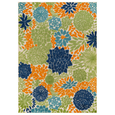 Floral Beige/Navy/Teal/Green/Orange Indoor/Outdoor High-Low Area Rug