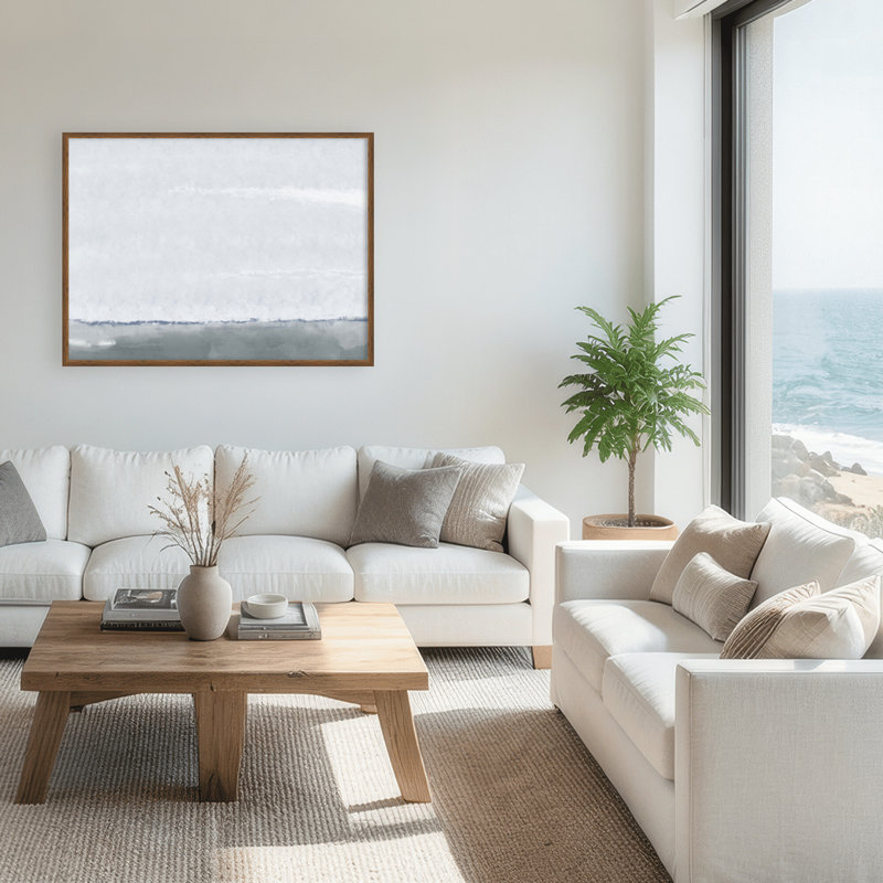 Coastal Retreat Silver Seas: Abstract Oceanscape, 30" H x 40" W x 1.125" D, Framed Print, Brown