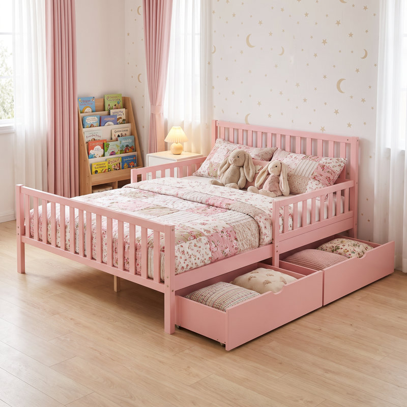 Lit plateforme en bois massif pour enfants, lit pour tout-petits avec barrières de sécurité des deux côtés et 2 tiroirs de rangement intégrés, cadre de lit en bois massif, rose, sommier non requis