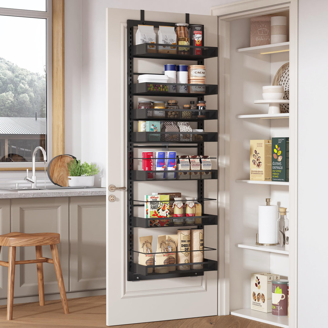 7-Tier Over Door Spice Rack, Pantry Door Organization And Storage Hanging Door Storage Kitchen Metal Hanging Kitchen Spice Rack Can Organizer Black