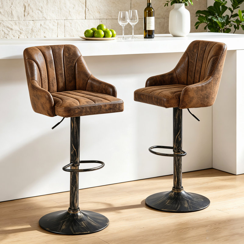 George Bar Stools Set of 2, Adjustable Swivel Barstools, Faux Leather Bar Chairs, Upholstered Counter Height with High Backrest Stool for Kitchen Island, Brown
