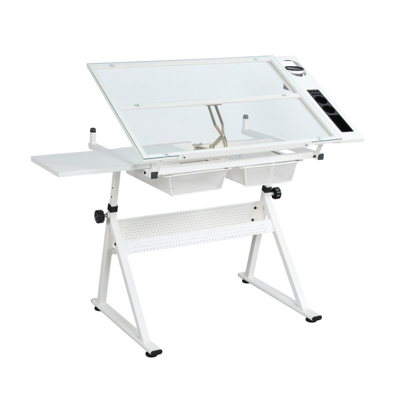 Tempered Glass Drafting Printing Table With Stool, White