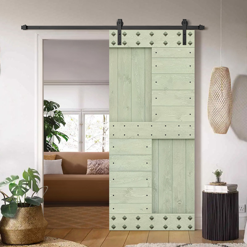 Porte de grange à panneaux en bois avec kit de quincaillerie d'installation et Clavos, 36 po x 84 po, Vert sauge