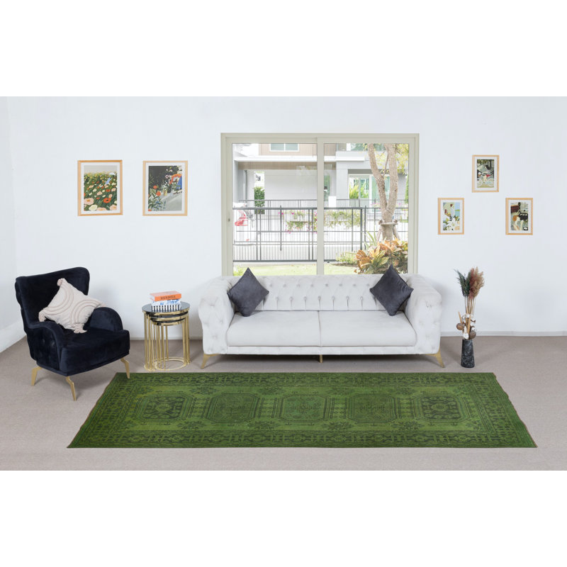 Tapis de couloir turc moderne fait à la main 5 x 12 pi avec des couleurs vertes pour la décoration de couloir ou de vestibule