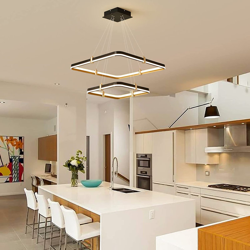 2 Square Rectangle Ring LED Chandelier,Modern Dimmable Pendant Light for Kitchen Island Living Room