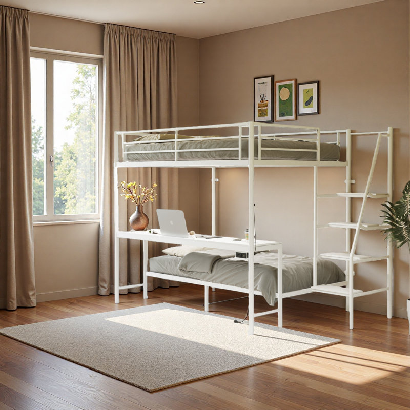 Full Size Bunk Bed With Twin Size, LED Light And Charging Socket, White