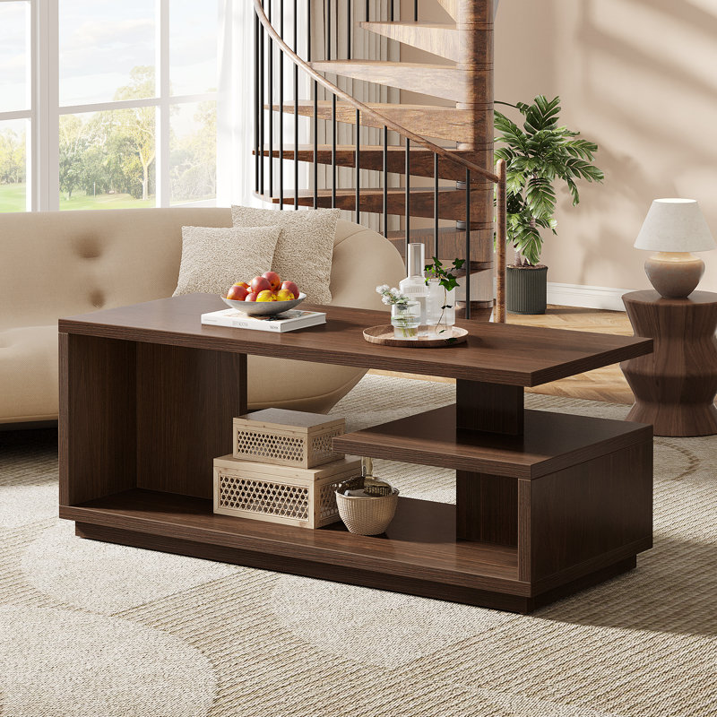 47.24" Mid-Century Modern Coffee Table with Storage Shelf, 3-Tier Rectangle Wooden Centre Table