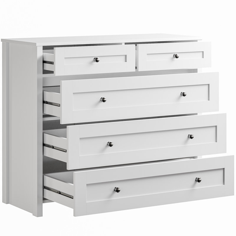 White Chest Of Drawers For Bedroom With 5 Drawers, 39.4" Wood Dresser With Metal Handles, Modern Drawer Dresser For Bedroom, Living Room, Porch