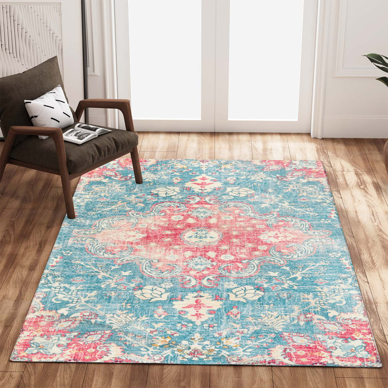 Juanelle Performance Washable Indoor Rug, Retangle 5' x 7', Turquoise & Pink