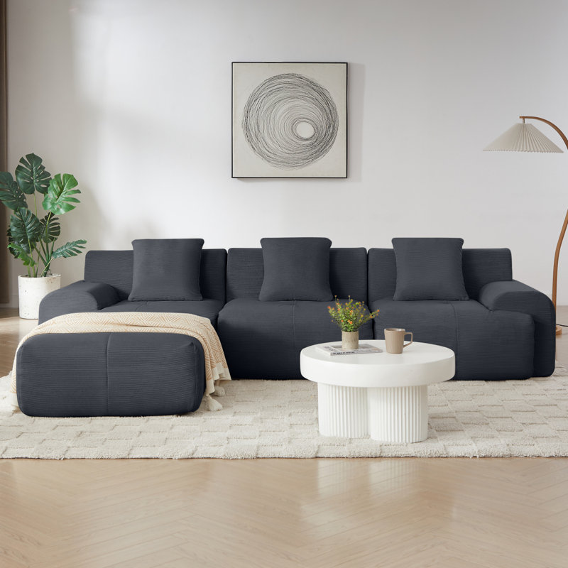 Canapé modulaire en forme de L de style bonjour de 113 po Boneless, Velours côtelé gris foncé