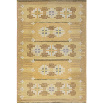 Vintage 5'4" x 8'1" Mid-20Th Century Yellow Swedish Flatweave Wool Rug Signed by Ingegerd Silow