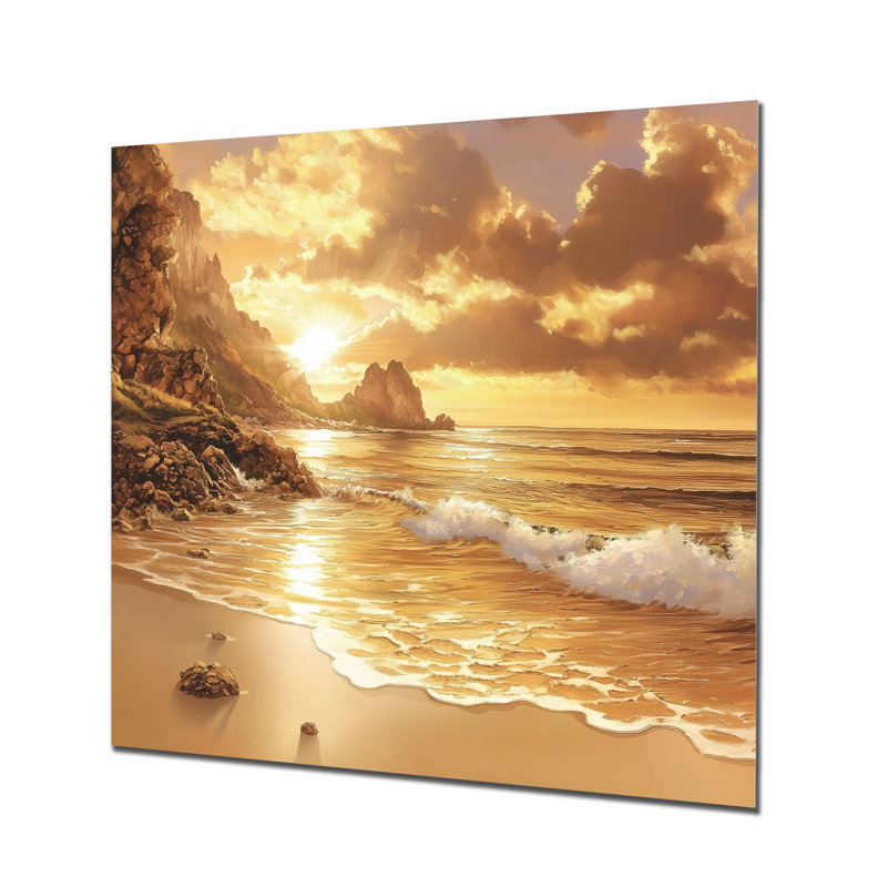 Beachside Cliff At Sunrise I - Décoration murale en métal plage, impression métallique nautique, H 16 po x l 16 po